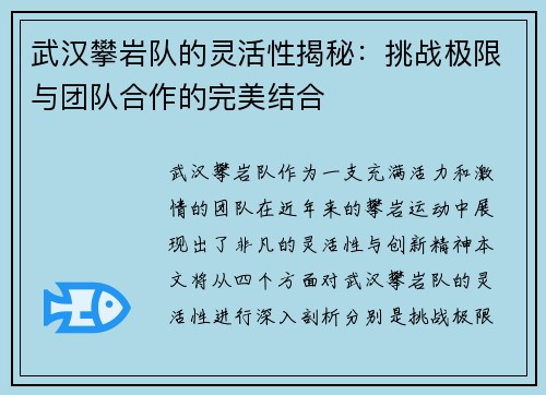 武汉攀岩队的灵活性揭秘：挑战极限与团队合作的完美结合