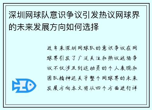 深圳网球队意识争议引发热议网球界的未来发展方向如何选择