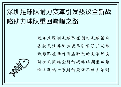 深圳足球队耐力变革引发热议全新战略助力球队重回巅峰之路